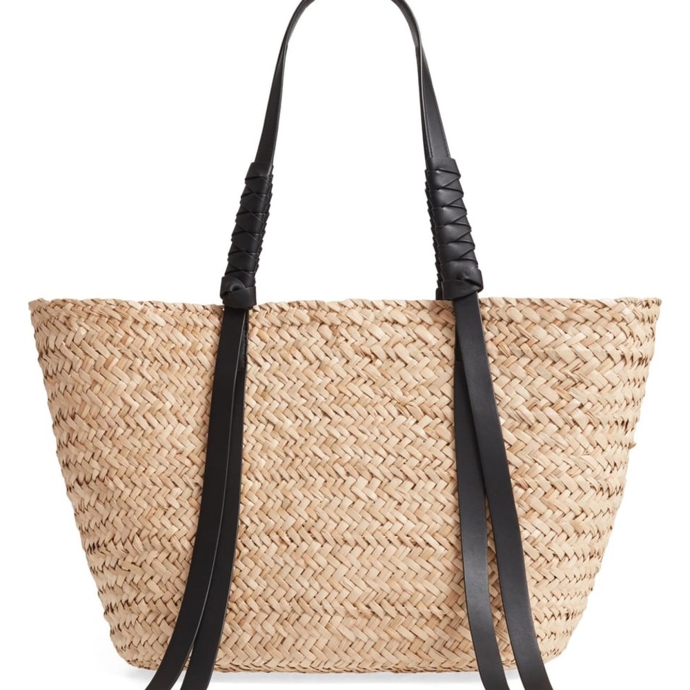 All Saints Natural Straw Tote with Black Leather Straps